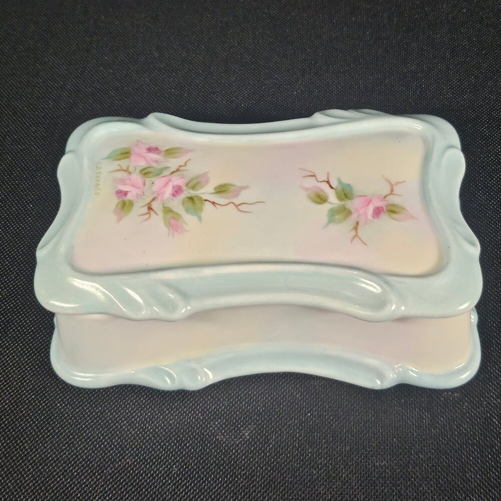 Hand Painted Rectangular Vintage Porcelain Dresser Box With Scalloped Edge